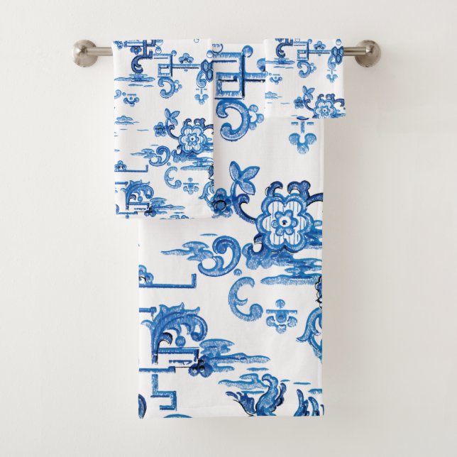 Conjunto De Toalhas Clássico, Azul e Branco, Pagoda Chinoiserie (Insitu)
