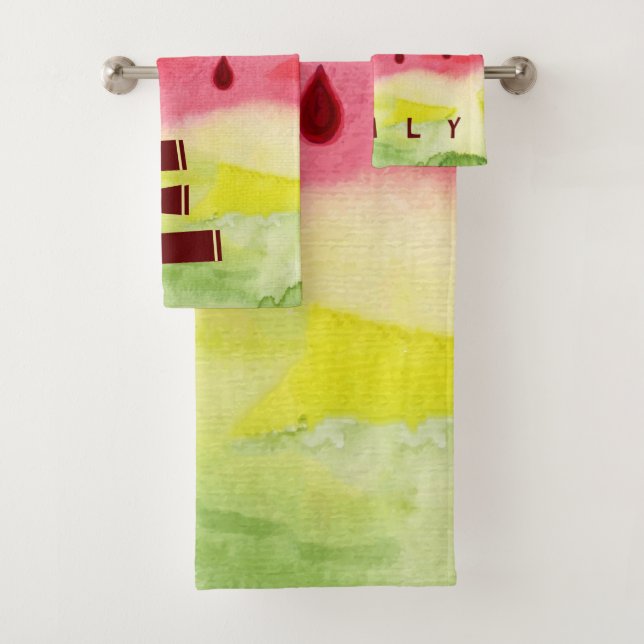Conjunto De Toalhas Cód. Aquarela Vermelha Verde Melancia Monograma Cr (Insitu)