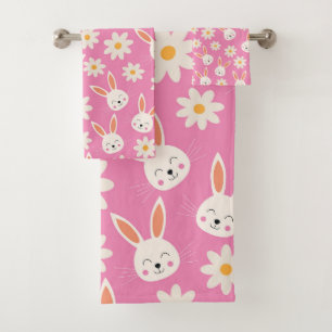 Conjunto De Toalhas Coelhinho da Páscoa engraçado com Flores Brancas s