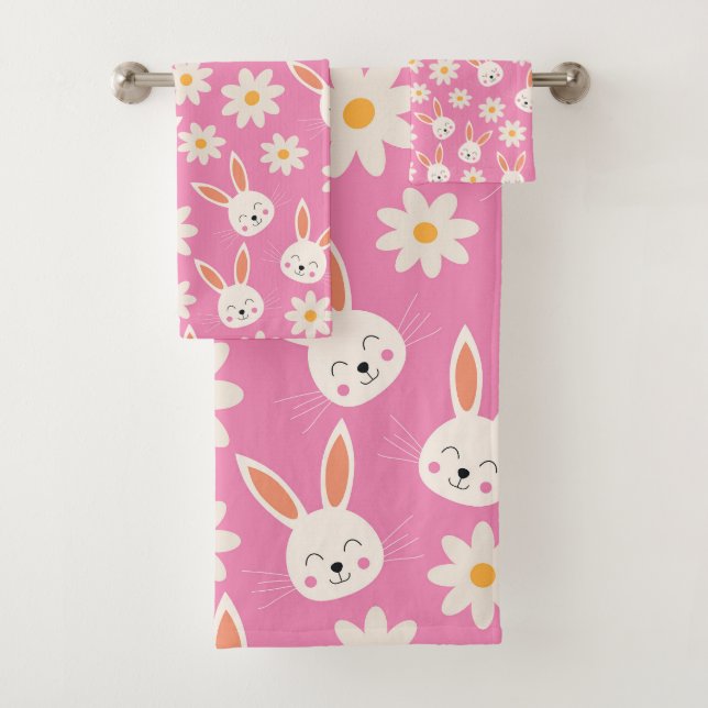 Conjunto De Toalhas Coelhinho da Páscoa engraçado com Flores Brancas s (Insitu)