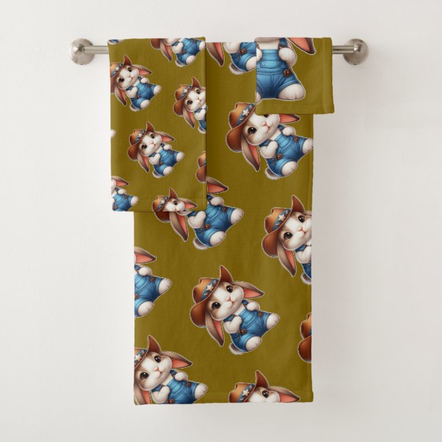 Conjunto De Toalhas Coelhinho de vaqueiro com chapéu e macacões (Insitu)