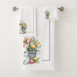 Conjunto De Toalhas Coelhinhos de Páscoa com Cesta e Tulipas