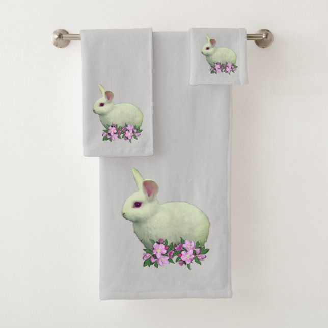 Conjunto De Toalhas Coelho Branco & Flores de Maçã em Cinza Claro (Insitu)