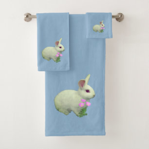 Conjunto De Toalhas Coelho Branco Fofo em Azul Claro Maravilhoso