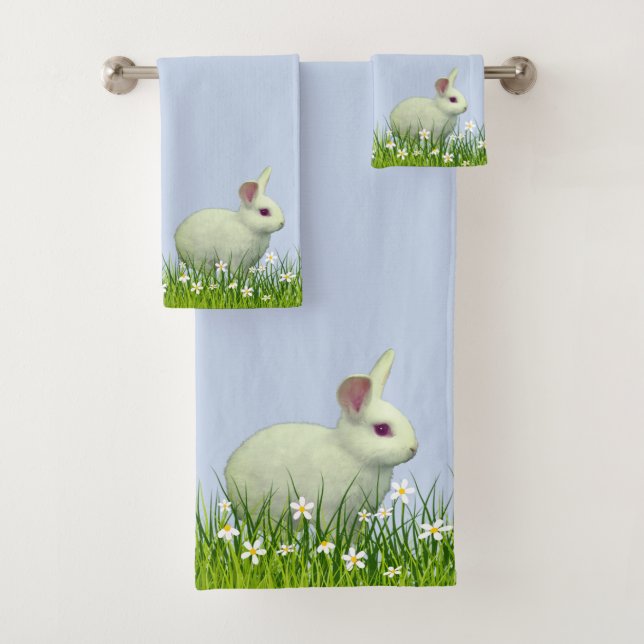 Conjunto De Toalhas Coelho Branco Fofo & Flores em Azul Claro (Insitu)