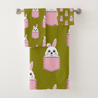 Conjunto De Toalhas Coelho Branco no Padrão de Bolso Rosa