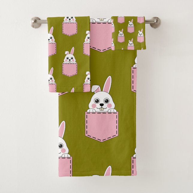Conjunto De Toalhas Coelho Branco no Padrão de Bolso Rosa (Insitu)