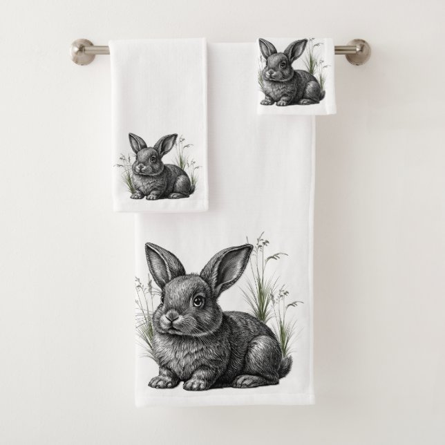 Conjunto De Toalhas Coelho Cinza Fofo Entre a Grama (Insitu)