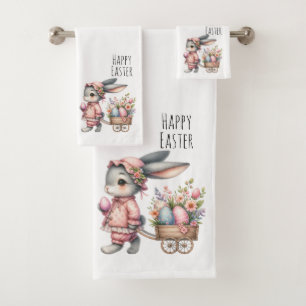 Conjunto De Toalhas Coelho da Páscoa com touca e flores em um carrinho