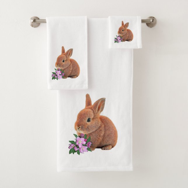 Conjunto De Toalhas Coelho Marrom Fofo & Flores de Maçã em Branco (Insitu)