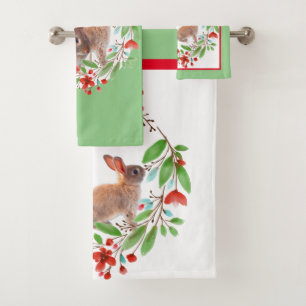 Conjunto De Toalhas Coelho Selvagem e Grinalda Floral Vermelha