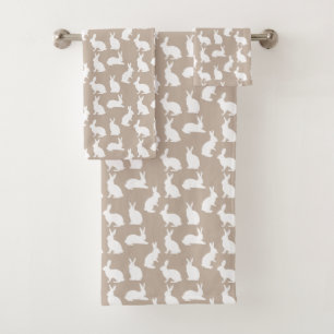 Conjunto De Toalhas Coelhos Bege E Brancos Páscoa Neutra E Elegante