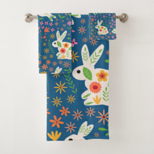 Conjunto De Toalhas Coelhos de Páscoa Brancos com Flores Caprichosas