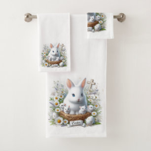 Conjunto De Toalhas Coelhos de Páscoa Brancos Fofos, Margaridas e Cruz
