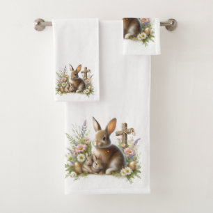 Conjunto De Toalhas Coelhos de Páscoa Fofos, Flores Silvestres e uma C