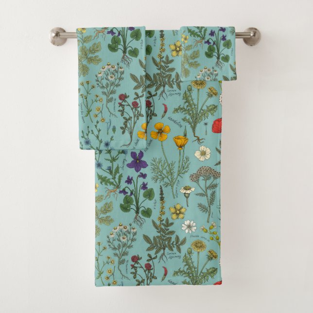Conjunto De Toalhas Colagem de flores silvestres em azul (Insitu)