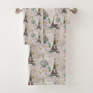 Conjunto De Toalhas Colagem de Flores Vintage e Padrão de Torre Eiffel