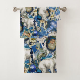 Conjunto De Toalhas Colagem de Natal Vitoriana Azul