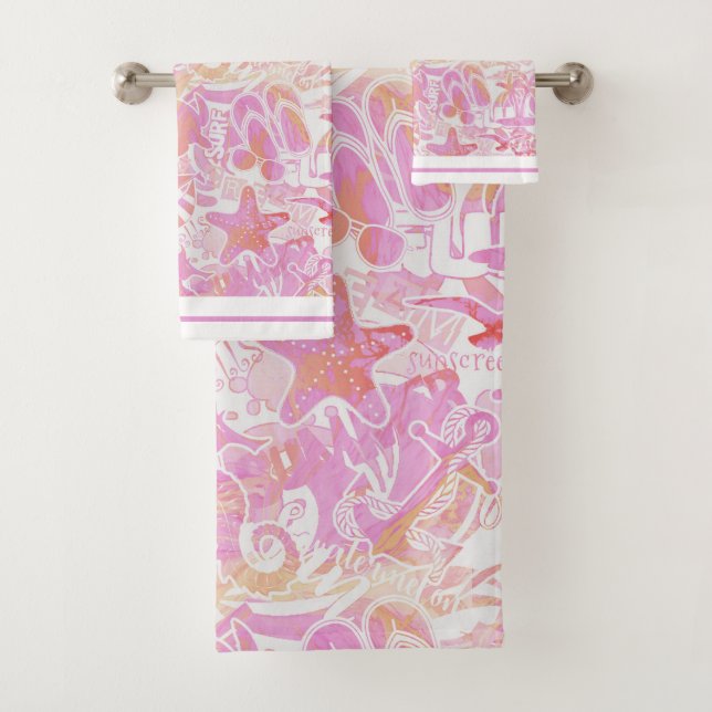 Conjunto De Toalhas Colagem de praia náutica, rosa-quente, ID840 (Insitu)