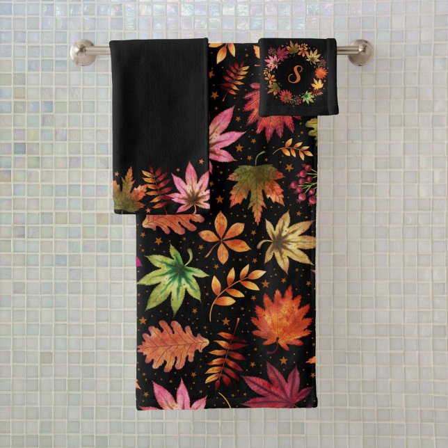Conjunto De Toalhas Colheita de Halloween outono outono Deixa Monogram (Halloween Harvest Fall Autumn Leaves Monogram Bath Towel Set)