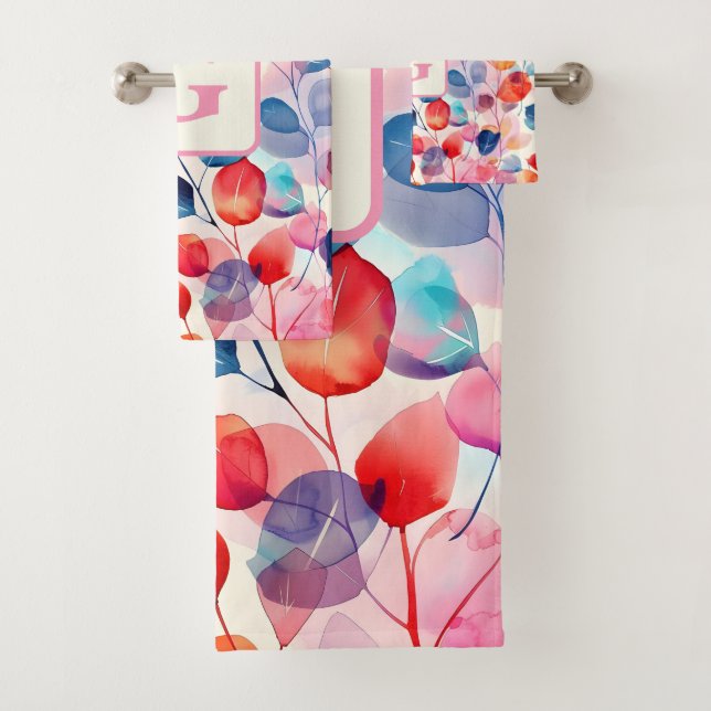 Conjunto De Toalhas Colorida Aquarela Eucalyptus Deixa monograma (Insitu)