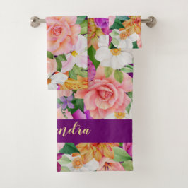 Conjunto De Toalhas Colorida Aquarela Monograma Floral Púrpura Rosa