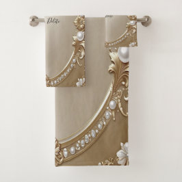 Conjunto de Toalhas com Moldura Dourada Ornamentad