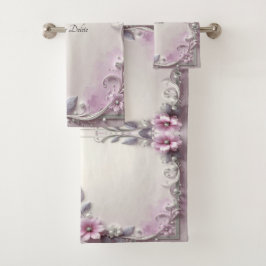 Conjunto de Toalhas com Moldura Floral Rosa