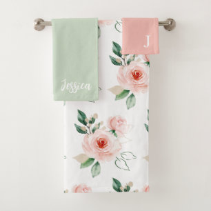 Conjunto de Toalhas com Rosa em Aquarela Monograma