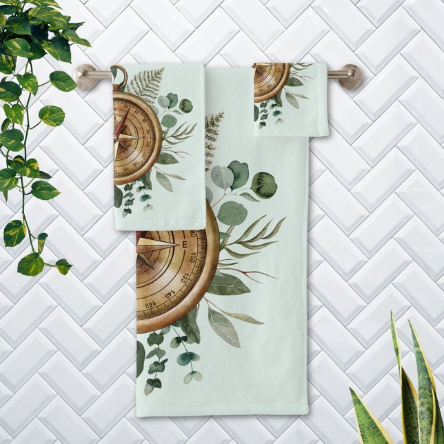 Conjunto De Toalhas Compass De Folhagem De Folhas Tropicais Verde Com  (In situ bathroom wall)
