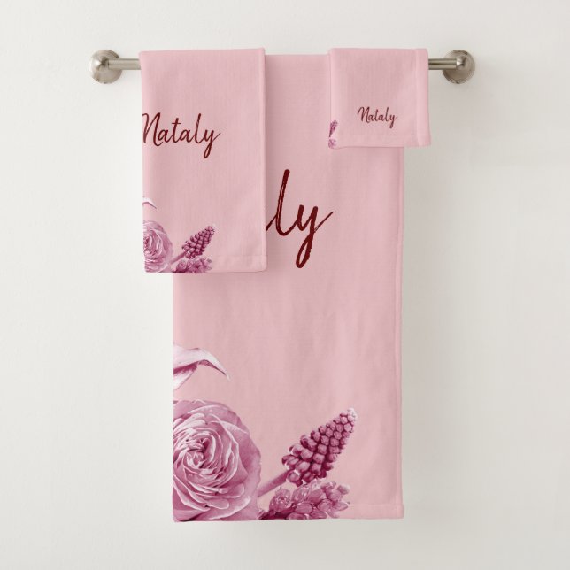 Conjunto De Toalhas Composição de flores rosa com nome (Insitu)