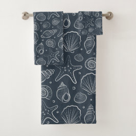 Conjunto De Toalhas Concha Marítima Náutica Boho Praia Azul Escuro