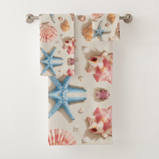 Conjunto De Toalhas Conchas de Praia e Estrelas-do-Mar Azuis (Insitu)