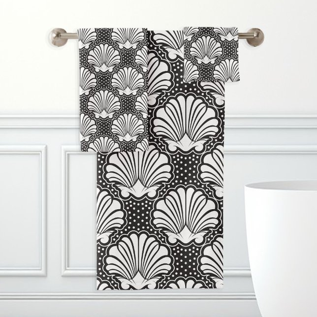 Conjunto De Toalhas Conchas Marinhas Preto e Branco (Criador carregado)