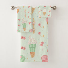 Conjunto De Toalhas Cones de Sorvete Pastel Menta Verão Doce