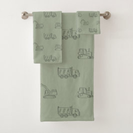 Conjunto De Toalhas Construction Vehicles Builder Boy Truck Sage Green