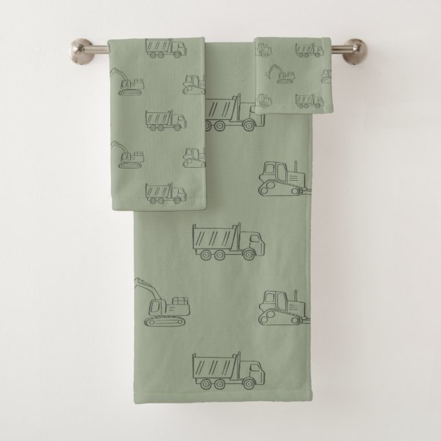 Conjunto De Toalhas Construction Vehicles Builder Boy Truck Sage Green (Insitu)