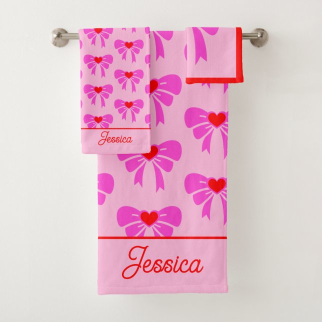 Conjunto De Toalhas Coquette y2k Ribbon Patterno Red & Pink Preppy Nam (Insitu)