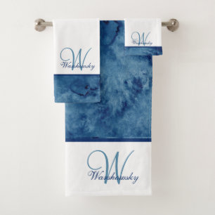 Conjunto De Toalhas Cor Azul-Cria Branco Elegante Personalizada Monogr
