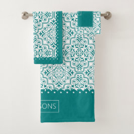 Conjunto De Toalhas Cor damasco branca e teal, bordas redimensionadas