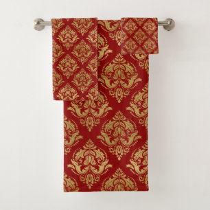 Conjunto De Toalhas Cor damasco de colheita Dourada em vermelho