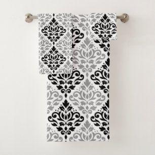 Conjunto De Toalhas Cor damasco de Rolagem Cinza Preta Branco