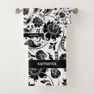 Conjunto De Toalhas Cor damasco Floral Preta E Branca