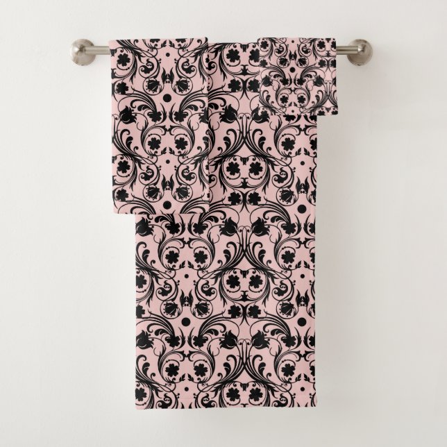 Conjunto De Toalhas Cor damasco preto e rosa clássico (Insitu)