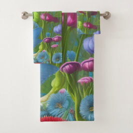 Conjunto De Toalhas Cor-de-rosa, azul e floral branco