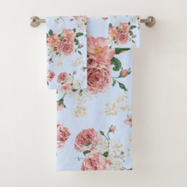 Conjunto De Toalhas Cor-de-rosa e creme na Floral da Vintagem Azul