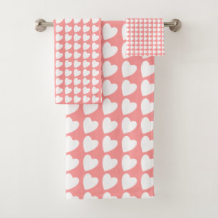 Conjunto De Toalhas Coração Cor-de-Rosa e Branco - Padrão Girly