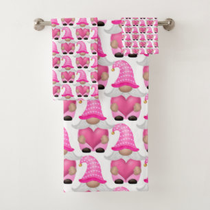 Conjunto De Toalhas Corações de Gnomos Rosa Floresta Escandinava Fofa