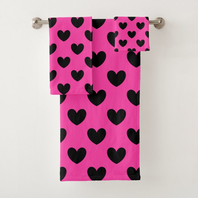 Conjunto De Toalhas Corações de polca-preta em rosa-fuchsia (Insitu)
