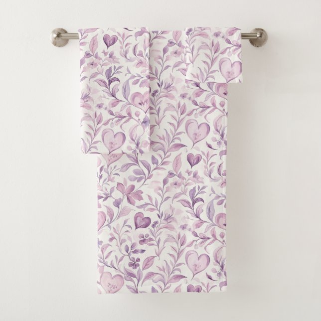 Conjunto De Toalhas Corações Rosa Folhas Roxas (Insitu)